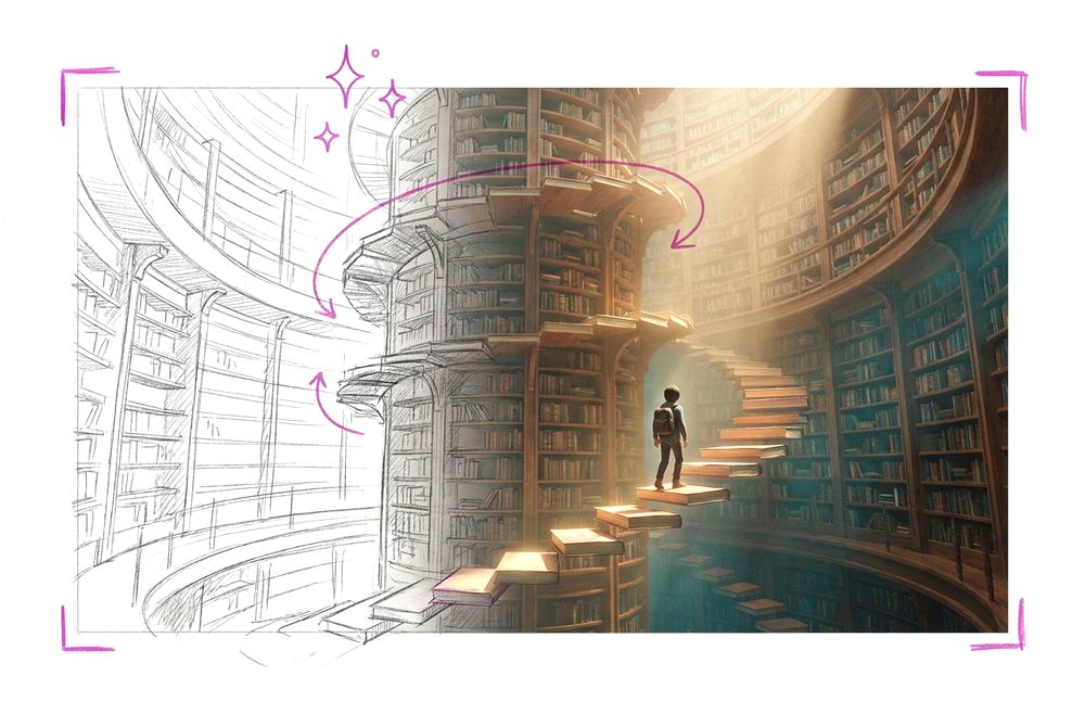 Projekt-Still im Skizze-zu-Film-Look: unmögliche Spiralbibliothek, links Bleistiftskizze mit magenta Marker-Akzenten, rechts gerendertes Bild